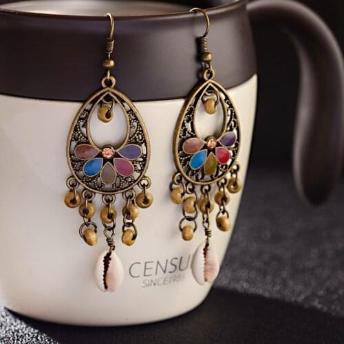 Vintage Tassel Earrings Ethnic Wooden Shell Women Earrings Statement Summer Boho Flower Earings Drop Jewelry
