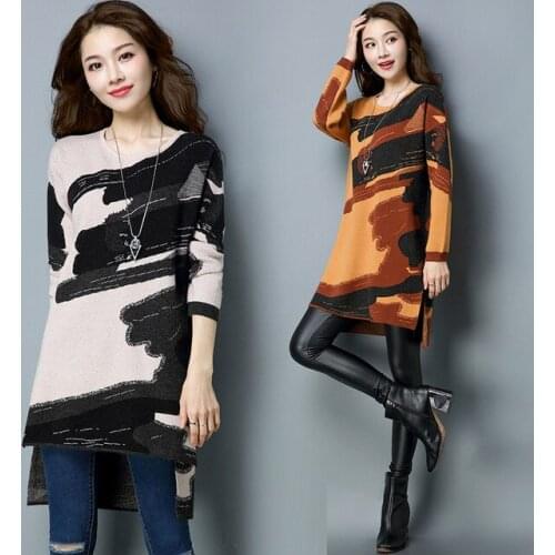 Fall Winter Women Irregular Wool Printed Long Sleeve Pullover , Knitted Sweater Woman Yellow Loose 3XL Woolen Sweaters Dress