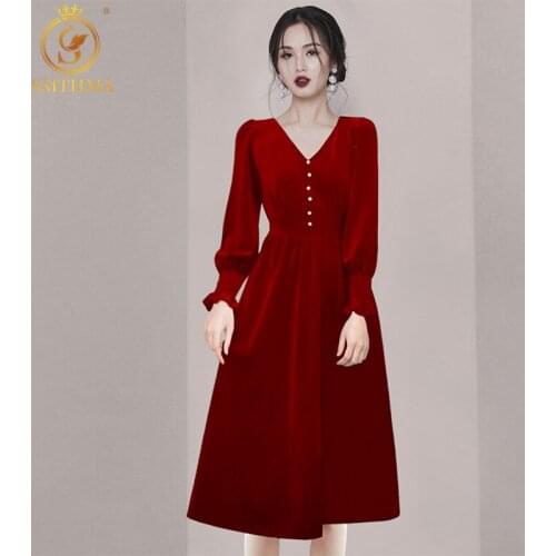 SMTHMA New Autumn Winter Velvet Dresses For Women Vintage V Neck High Waist Knee-Length Female Vestido Da Festa
