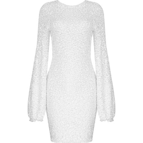 2021 New White Women Dress Elegant Long Sleeve Sequin Bodycon Dress Summer Autumn Party Club Ladies Clothing
