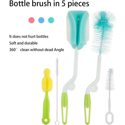 5Pcs 360 Rotation Baby Milk Bottle Brushes Feeding Straw Nipple Cleaning Tool