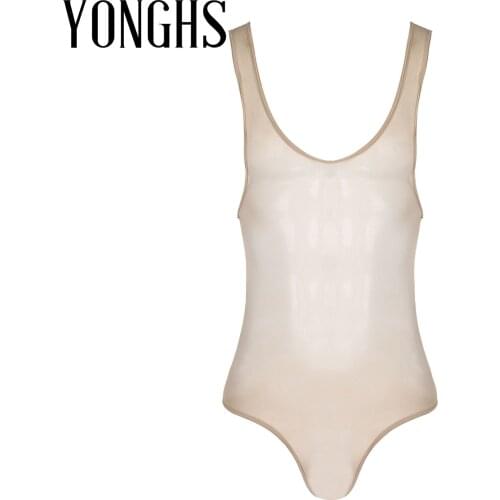 Women Men See-through Erotic Bodysuit Glossy Stretchy Bodycon Romper Sleeveless Singlet Leotard Bulge Pouch Jumpsuit Nightwear