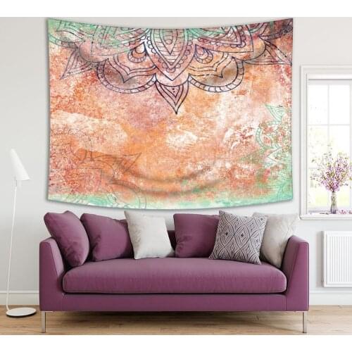 Tapestry Mandalas Ethnic Floral Pattern Grunge Aged Effect Vintage Style Oriental Artwork Printed Green Orange