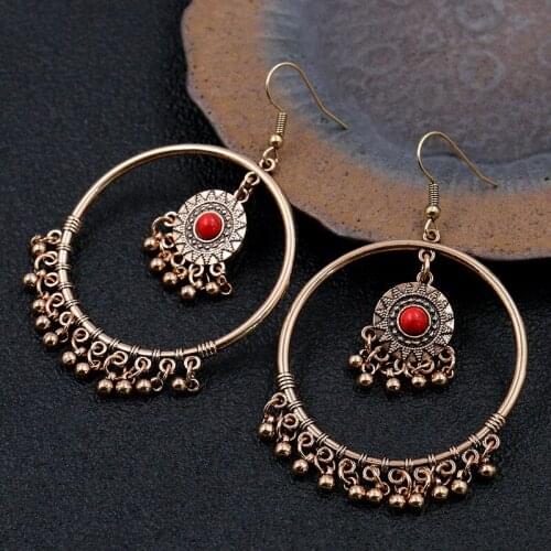Classic Womens Gypsy Gold Round Wedding Earrings Tibetan Jewelry Ladies Retro Tassel Indian Jhumka Earrings Wholesale