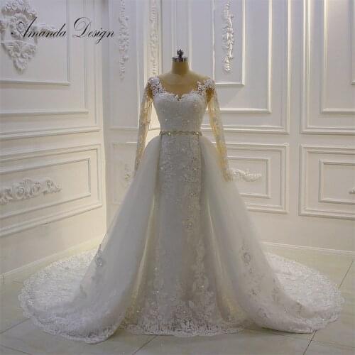 Amanda Design nikah elbiseleri Long Sleeve Lace Applique Mermaid Wedding Dress with Detachable Skirt 2019