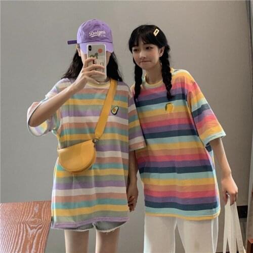 Summer Rainbow Striped Short-sleeved Womens T-shirt Korean Fashion Tops for Girls Plus Size Women Clothing Streetwear Y2k