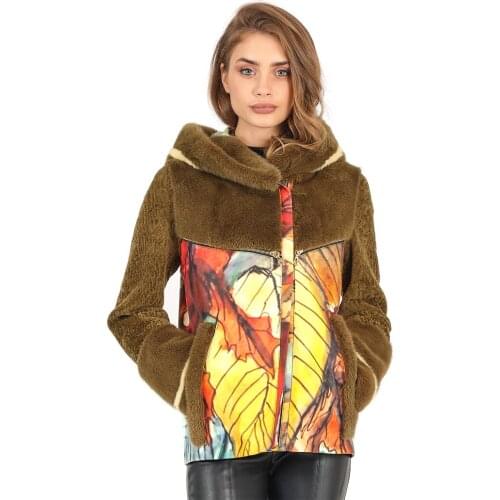 Modaqueen Store Women 'S flower and leaf pattern lamb fur mink fur and zig leather accessorized jacket m2034 special design luxury