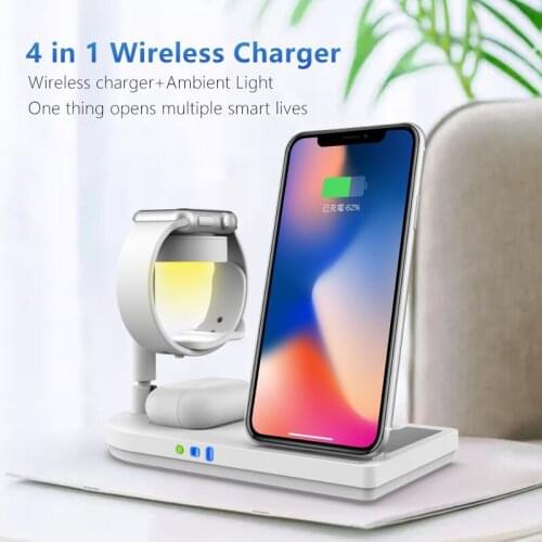 15W Multifunctional Wireless Night Light Charger 4 in 1 Foldable Wireless Charging Stand with Atmosphere Light Night Light