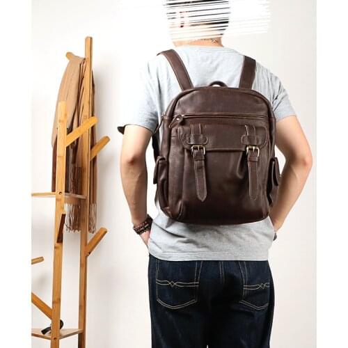 Fashion luxury natural genuine leather mens large-capacity backpack leisure work laptop bookbag outdoor travel cowhide bagpack