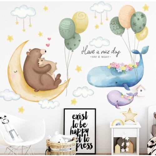 Wall Stickers Moon Starry Painting Whale Bear Hot-Air Ballon Cartoon Fo'r Childrens Room Kindergarten Backview 3D Art Mural