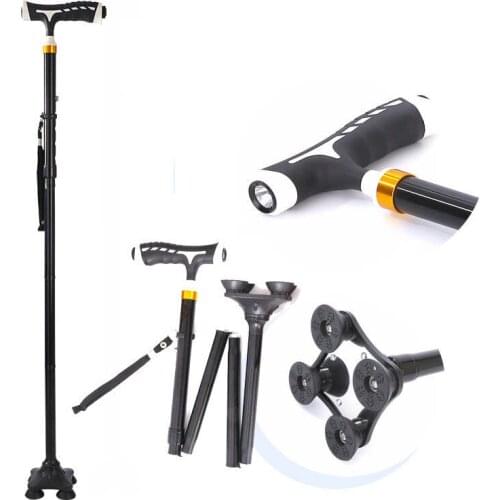 NEW 2019 Outdoor Aluminium alloy fold with lamp crutch elderly Old men telescopic antiskid four feet walking stick trekking pole