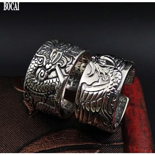 BOCAI New solid S999 pure silver jewelry vintage silver men and women ring dragon and phoenix heart sutra open ring