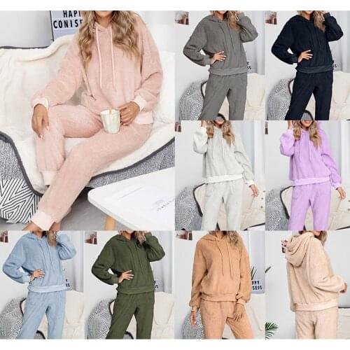 2021 Autumn Winter New Double-sided Velvet Homewear Set Warm Teddy Fleece Sleepwear Casual Two Piece Hooded Pajamas For Women
