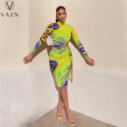 VAZN 2021 Early Autumn Fashion Sexy Long Dress High Waist Mature Office Lady Turtleneck Full Sleeve Vestidos For Female