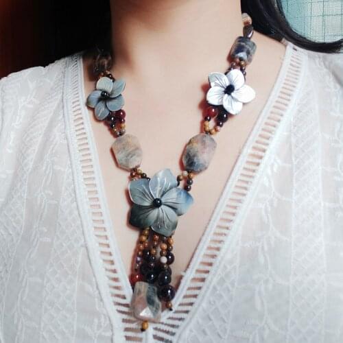 Lii Ji Shell Flowers Sunstone Agate Quartzs Tassels Necklace Stock Sale 56cm