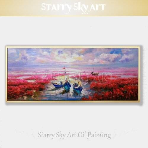 Professional Artist Hand-painted Textured Knife Landscape Acrylic Painting Large Canvas Red Flowers Sea and Boats Oil Painting