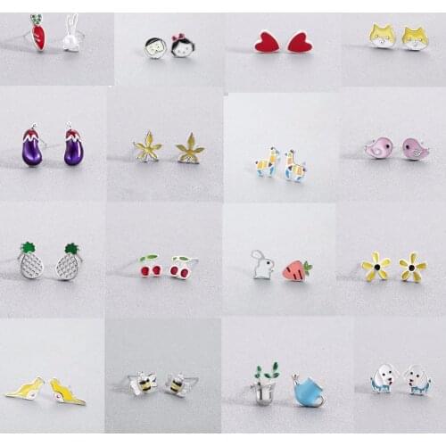 QIAMNI Enamel Cute Dog Cat Rabbit Pineapple Cherry Bee Bird Deer Dolphins Flower Heart Stud Earrings Gift Brincos Pendientes