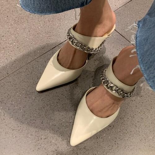 QZYERAI New 2021 Spring Pearl Chain Slippers Woman Toe Kitten Heels Woman Lotus Leaf Mules Party Shoes Woman Genuine Leather