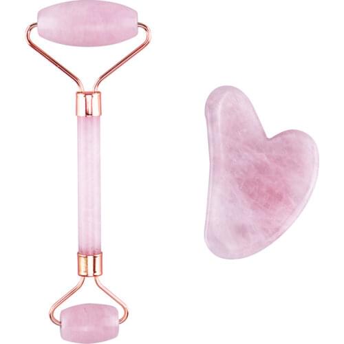 Rose Quartz Roller Slimming Face Massager Lifting Tool Natural Jade Facial Massage Roller Stone Skin Massage Beauty Care Set