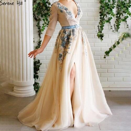 Serene Hill Champagne A-Line Sexy Evening Gowns 2020 Dubai Handmade Flowers Long Sleeves Formal Dress LA70737