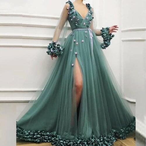 Sexy V-neck Hunter Green Prom Dress Side Slit Tulle A-line Long Sleeve Flowers Formal Evening Gowns vestido formatura Custom