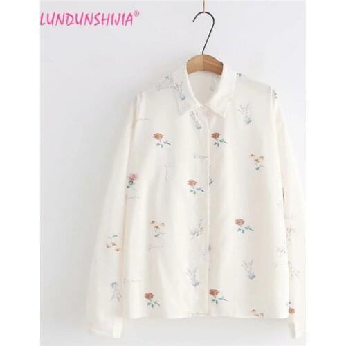 LUNDUNSHIJIA 2019 New Arrival Autumn Rose Printed Women Blouse Single Breasted Turn-down Collar Loose Chiffon Female Shirt