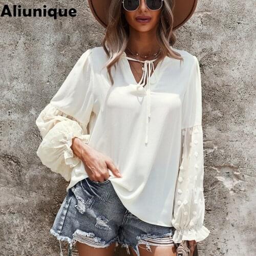 Aliunique Trendy New V-neck Casual Chiffon Shirt For Women 2021 Summer Fashion Design Lady Loose Petal Sleeve Vacation Tops