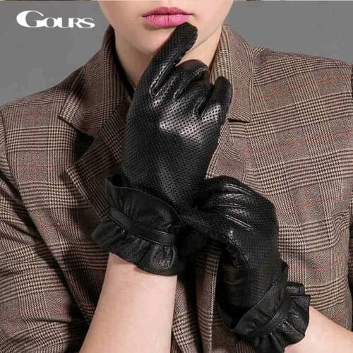 Gours Winter Women Genuine Leather Gloves New Fashion Brand Black Driving Glove Breathable Goatskin Mittens GSL039