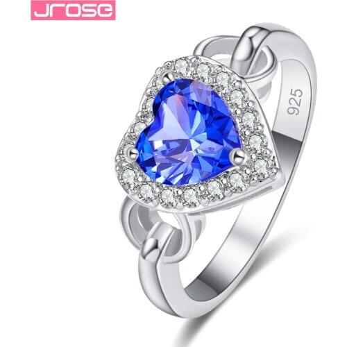 JROSE Lover Gift Heart Cut Fashion Women Men Blue & White Cubic Zirconia Silver Ring Size 6 7 8 9 For Lady Engagement Wedding