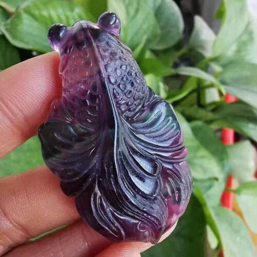 2" Natural Purple fluorite gemstone Animal Figurines Carved crystal goldfish