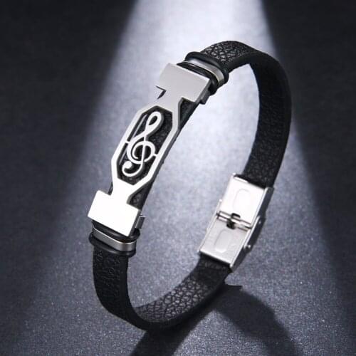 2021 Fashion Glamour Jewelry Retro Stainless Steel Music Symbol Bracelet Leather Cuff Bracelet Men and Women Pulsera Hombre