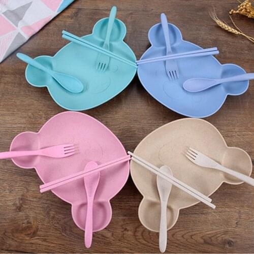 4Pcs/set Baby Feeding Food Tableware Cute Cartoon Bear Kids Dishes Eating Dinnerware With Bowl Spoon Fork Chopsticks MBG0557
