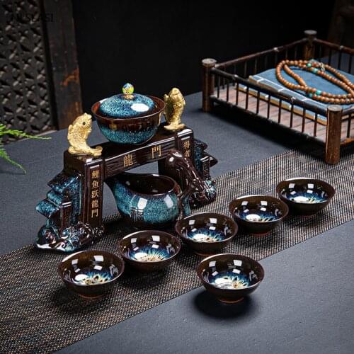 9 pcs/set Retro kiln change Lazy Man Tea Set Portable Ceramics semi-automatic tea infuser teacup Household porcelain teaware