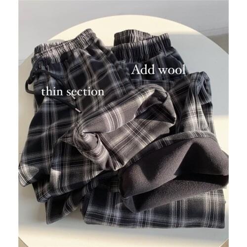 LMQ NEW Women Casual Plaid Thicken Add Velvet Pants Oversize Loose Retro Harajuku Wide Leg Ins All-Match Streetwear Trousers