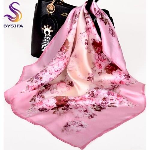 [BYSIFA] New Pink Peony 100% Silk Scarf Women Chinese Style Design Neck Scarf Small Bag Ribbons Top Grade Small Square Scarves