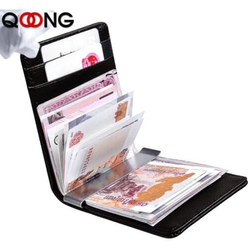 QOONG Business Card Holders Brand Designer Genuine Leather id & name Card Case Holder Men Simple Wallets Coin Purses Cash Clip