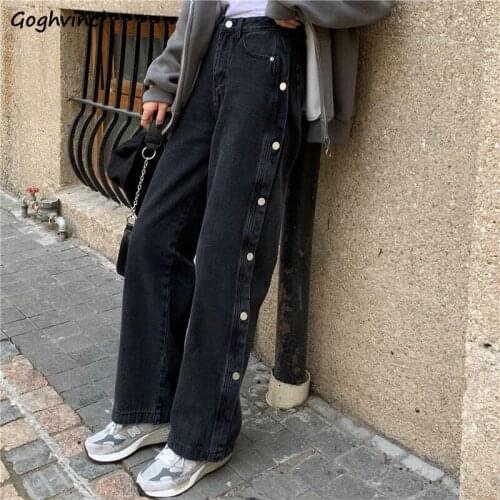 Jeans for Women Retro Fashion Streetwear Button Black Harajuku Student Leisure Hip Hop Straight Denim Trousers Hip Hop Loose New