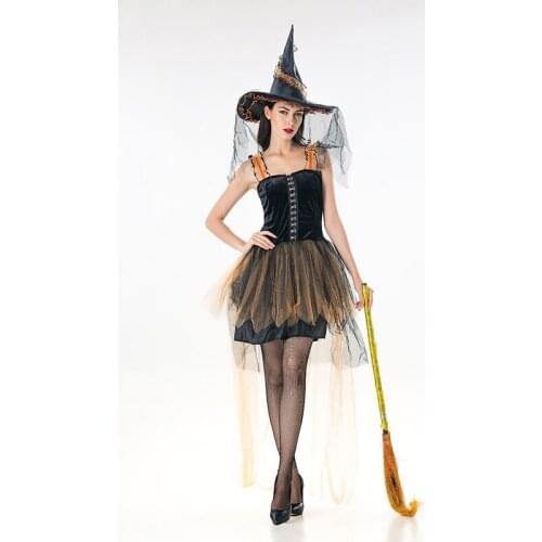 Good Quality Sexy Witch Halloween Costume One Piece Dress with Lace Golden Skirt & Lace Cap Hat Women Cosplay Carnival Dress