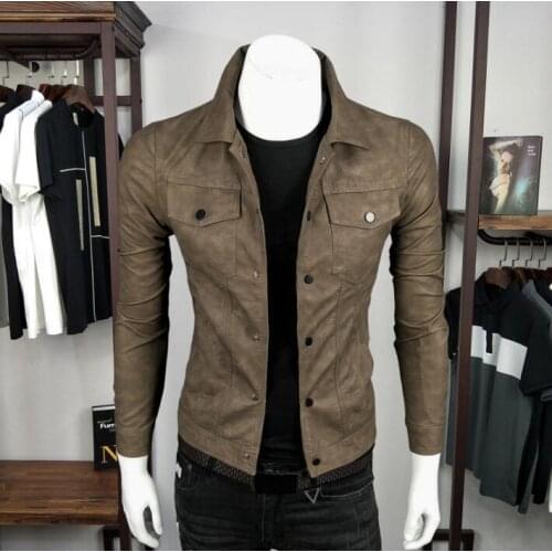 Brown mens leather jacket slim motorcycle coat men jackets pu clothes lapel jaqueta de couro stage street fashion autumn winter