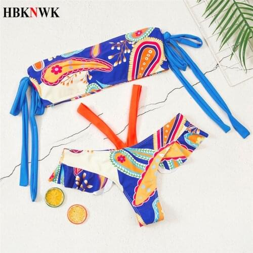 2021 New Sexy Bandeau Brazil Bikini Swimsuit Women Retro Printing Swimwear Summer Bikini Set Female Bathing Suit Beach Swimming