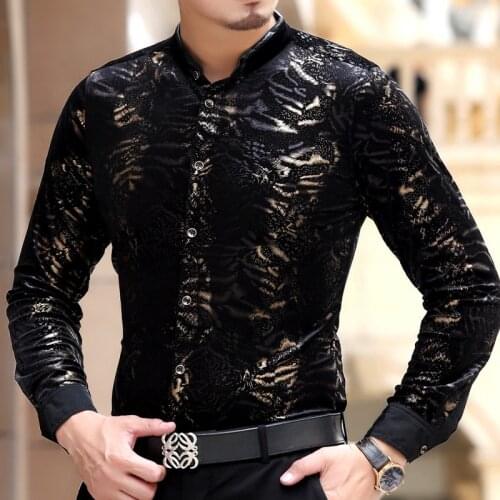 Hot 2020 New Brand Men Clothing Gold Velvet Flower Stand Collar Shirt Business Long-sleeve Slim Dress Male Singer Costumes