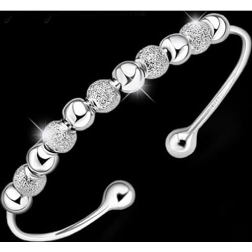 Hot Sale Women 925 Sterling Silver Lucky Beads Bangles Open Cuff Bracelets & Bangles Jewelry
