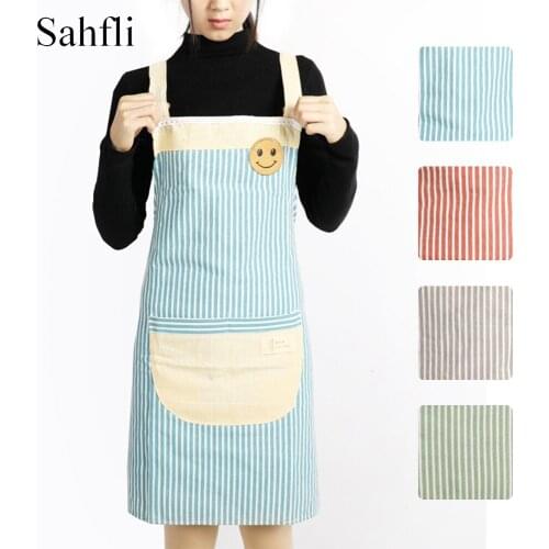 Kitchen Fashion Smock Antifouling Japanese Style Linen Cotton New Smiling Face Print Shoulder Strap Sleeveless Apron with Pocket