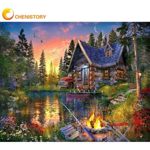CHENISTORY Lake House Scenery Diy Oil Painting By Numbers Adults Paints By Number On Canvas Coloring By Number Home Decor Art