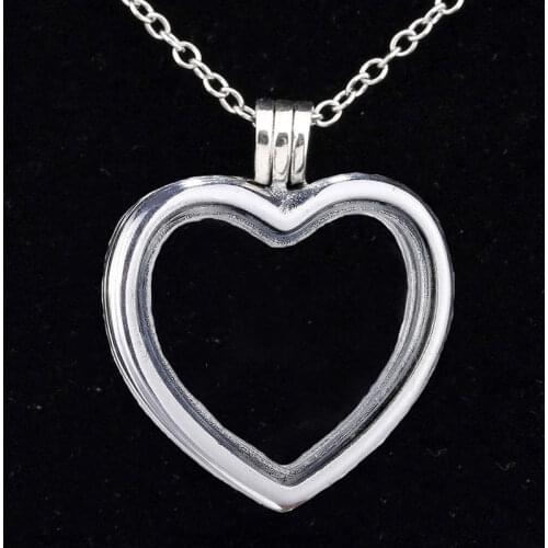 Original Medium Locket Sparkling Heart Floating Crystal Necklace For 925 Sterling Silver Bead Charm Bracelet Europe DIY Jewelry