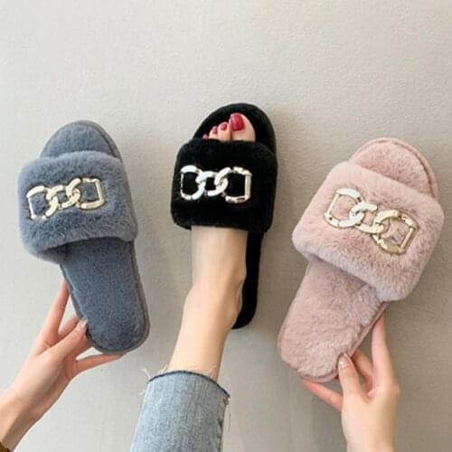 Autum Ladies Home Cotton Shoes Women Warm Cute Casual Slides 2021 Female Footwear Metal Decorate Short Plush Comfort Slipper