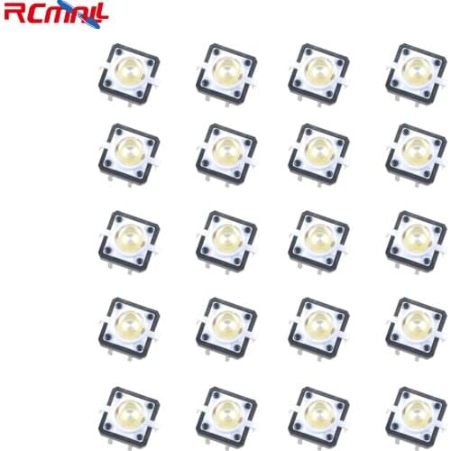 RCmall 20PCS 12*12*7.3mm 4pin Tactile Tact Mini Push Button Switch with LED White