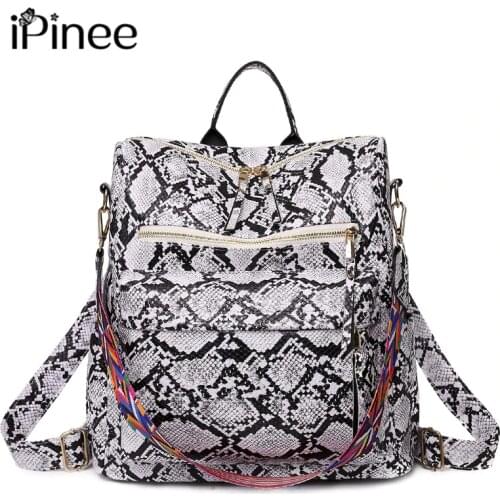 IPinee Women Leather Backpacks High Quality Female Vintage Serpentine School Backpack Travel Shoulder Bag For Girls