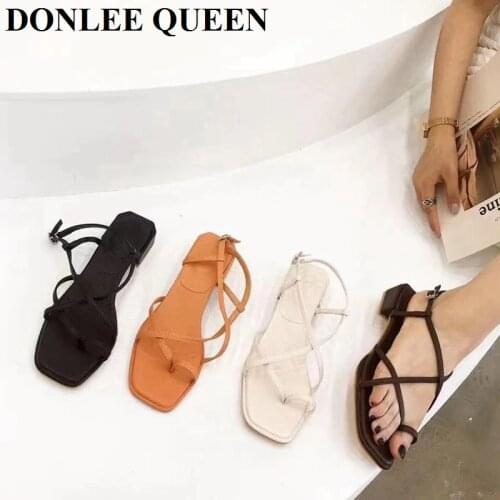 2021 New Summer Women Sandals Brand Narrow Band Gladiator Sandal Square Heel Female Casual Flat Shoe Buckle Strap Sandalias Muje