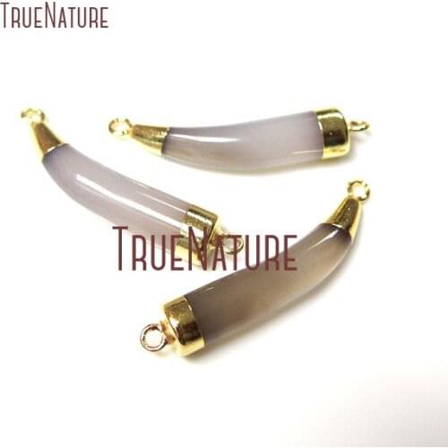 10Pcs Gray Agates Double Bail Pendant Gold Plating Horn Tusk Connector 33x7mm PC24